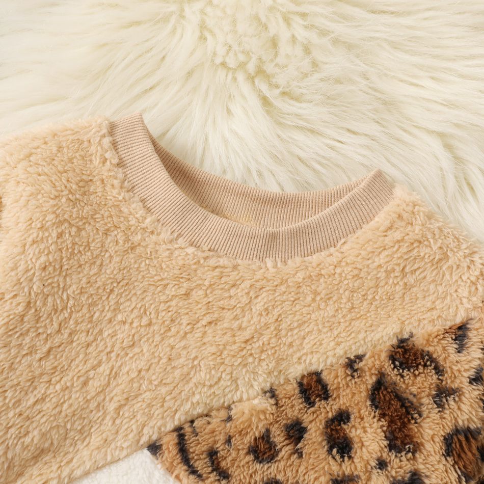 2-piece Kid Girl Leopard Print Colorblock Fuzzy Pullover Sweatshirt and Fleece Lined Pants Casual Set Khaki big image 2