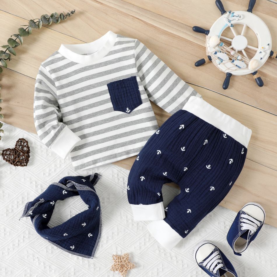 3pcs Baby 95% Cotton Long-sleeve Striped Pullover Set Dark Blue big image 1