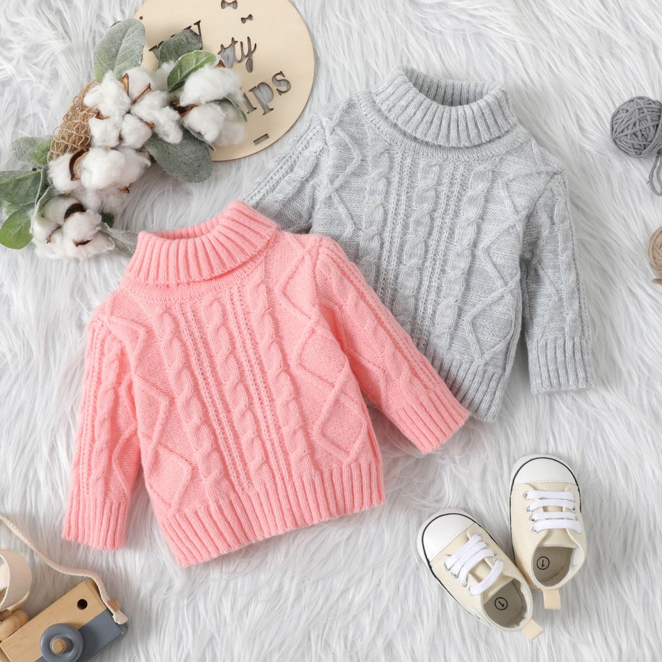 Baby Solid Turtleneck Long-sleeve Cable Knit Sweater Pink big image 2