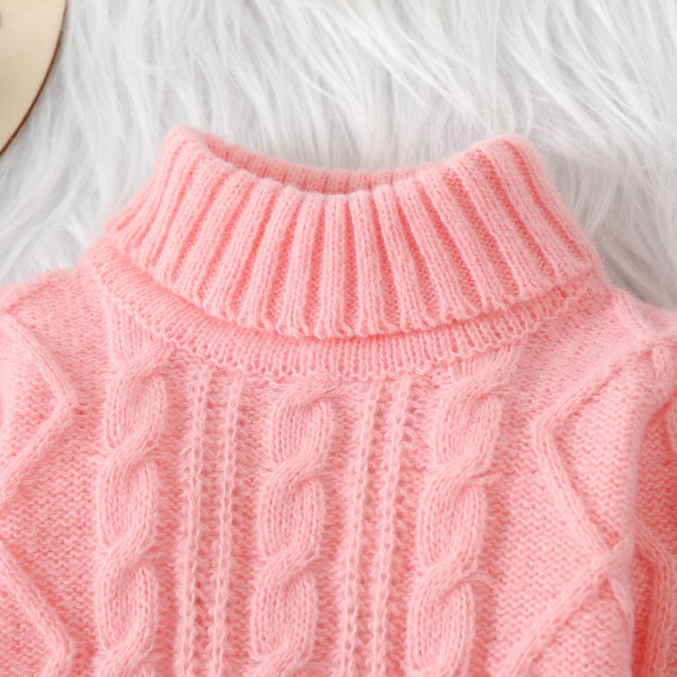 Baby Solid Turtleneck Long-sleeve Cable Knit Sweater Pink big image 5