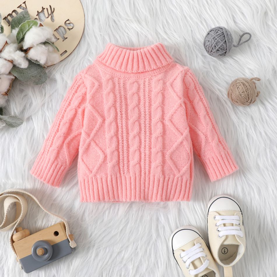 Baby Solid Turtleneck Long-sleeve Cable Knit Sweater Pink big image 1
