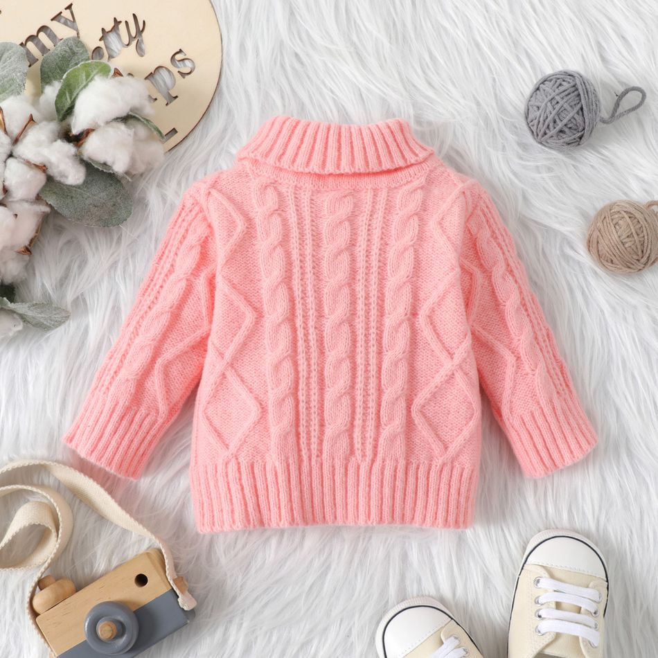Baby Solid Turtleneck Long-sleeve Cable Knit Sweater Pink big image 3