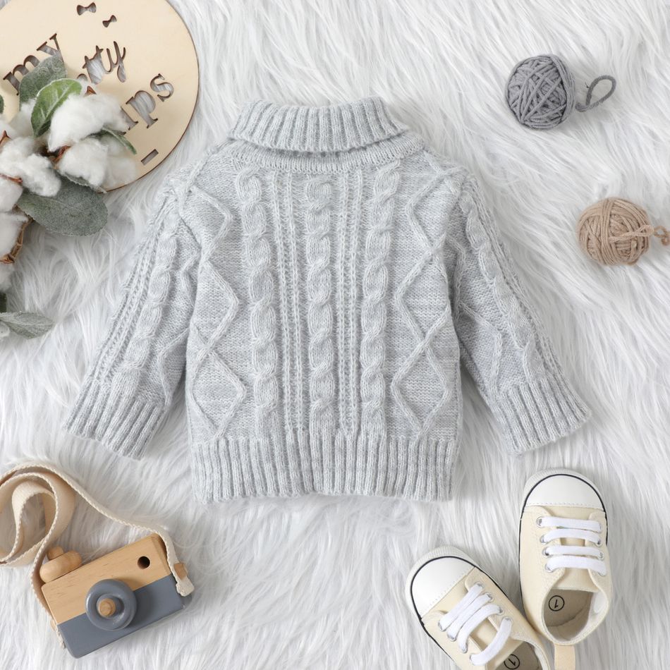 Baby Solid Turtleneck Long-sleeve Cable Knit Sweater Grey big image 2