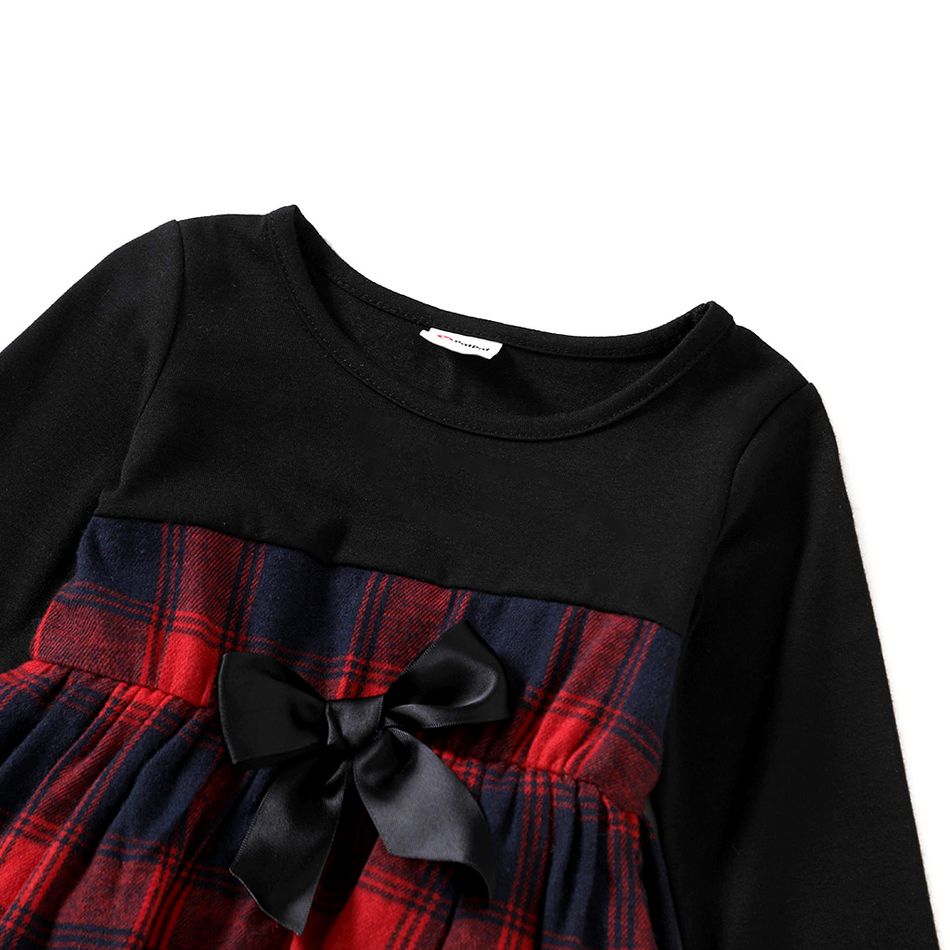 Family Matching Contrast Plaid Long-sleeve Dresses and T-shirts Sets redblack big image 7