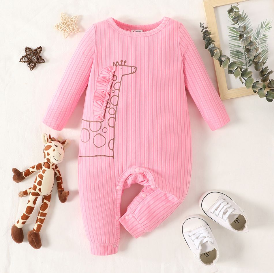 Baby Girl Cartoon Animal Print Solid Ribbed Long-sleeve Jumpsuit Pink