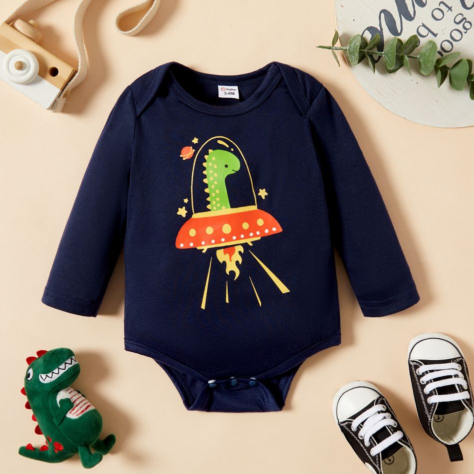 Baby Boy Cartoon Dinosaur Print Long-sleeve Romper Dark Blue