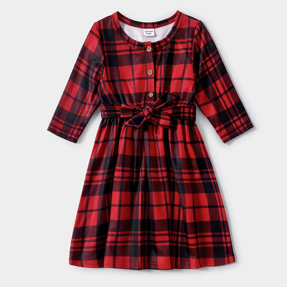 Christmas Red Plaid 3/4 Sleeve Belted Dress for Mom and Me Red big image 6