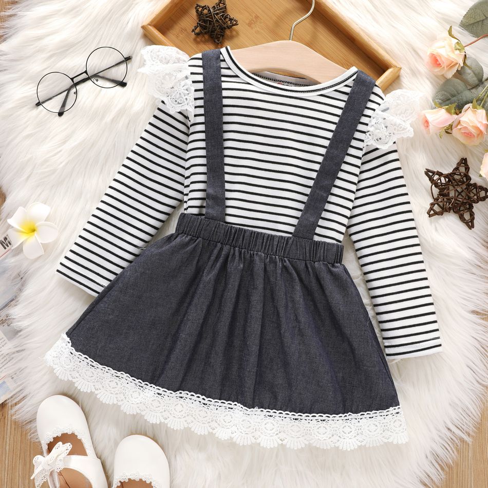 2-piece Toddler Girl Lace Design Stripe Long-sleeve Tee and Suspender Denim Skirt Set Black/White