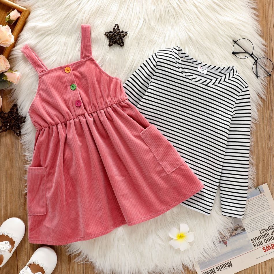 2-piece Toddler Girl Stripe Long-sleeve Tee and Button Design Pink Overall Dress Set Pink
