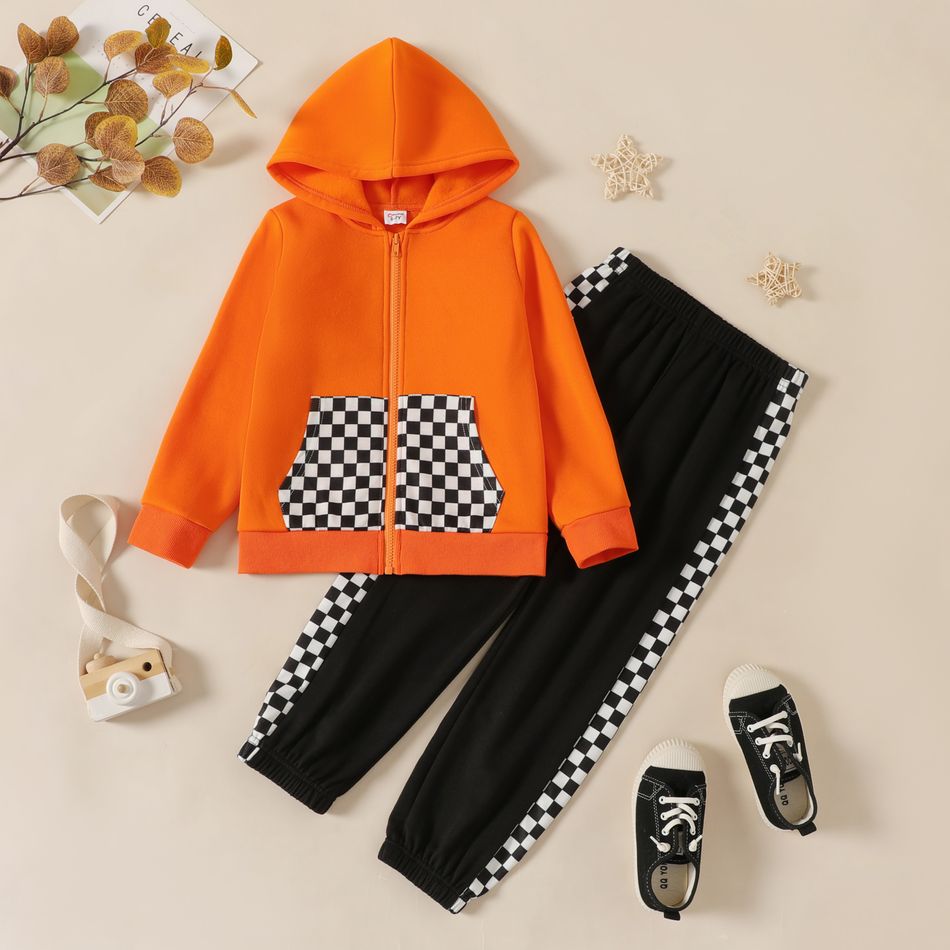 2-piece Kid Boy Plaid Colorblock Zipper Hooded Jacket and Pants Set Orange