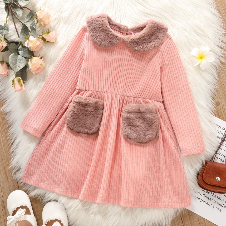 Toddler Girl Fuzzy Doll Collar Pocket Design Ribbed Long-sleeve Dress Pink