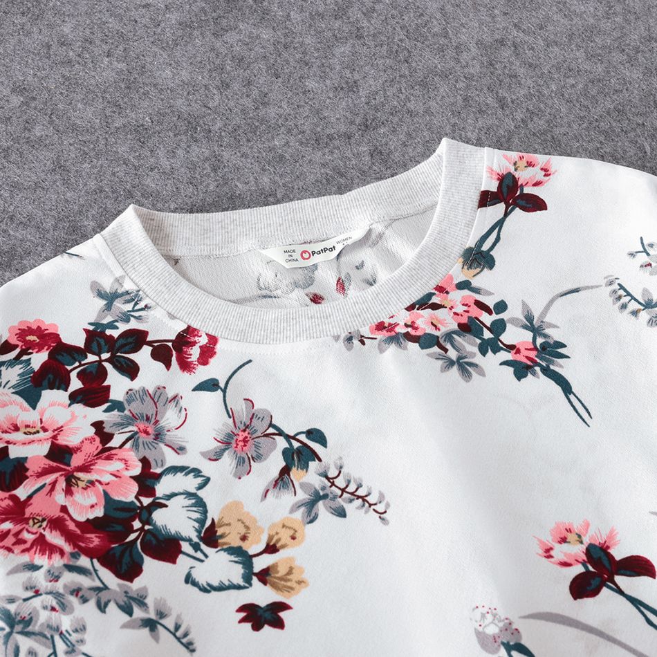 Floral Print Crewneck Drop Shoulder Long-sleeve Tops for Mom and Me White big image 3