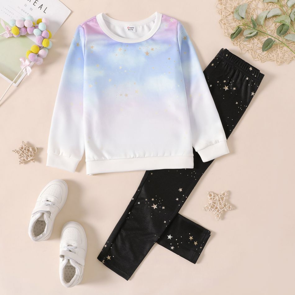 2-piece Kid Girl Stars Print Gradient Color Sweatshirt and Pants Set Light Blue