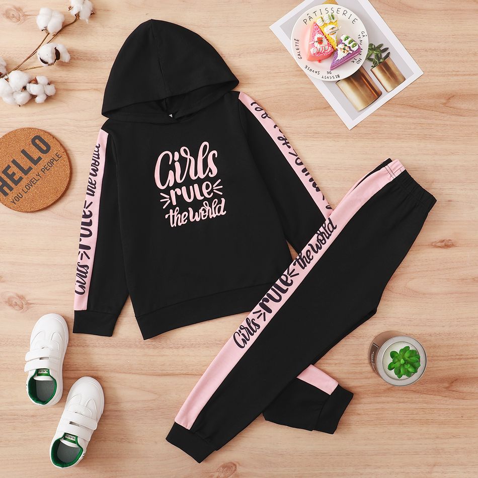 2-piece Kid Girl Letter Print Colorblock Hoodie Sweatshirt and Pants Casual Set Black big image 1
