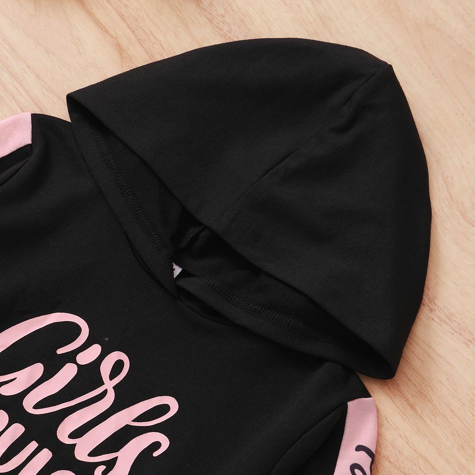 2-piece Kid Girl Letter Print Colorblock Hoodie Sweatshirt and Pants Casual Set Black big image 3