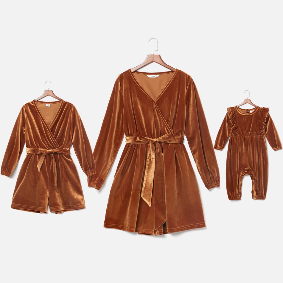Caramel Velvet Cross Wrap V Neck Long-sleeve Romper Shorts for Mom and Me Caramel