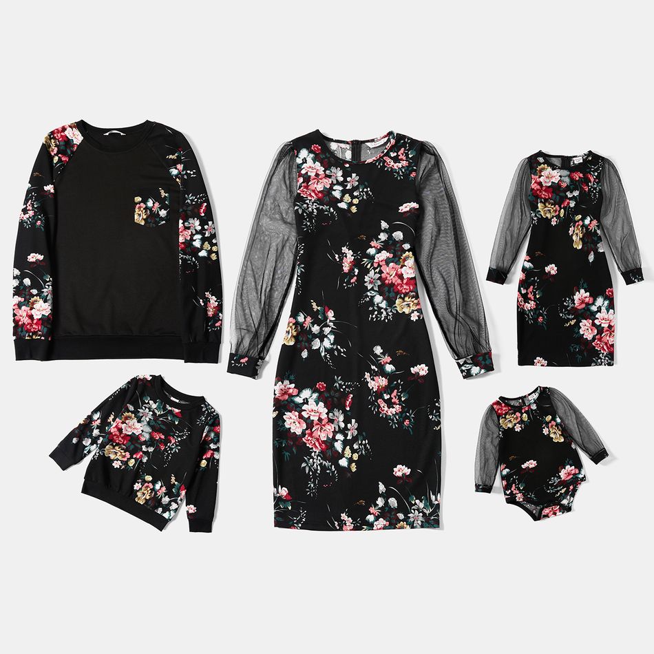 Family Matching Floral Print Black Mesh Long-sleeve Dresses and Sweatshirts Sets Black