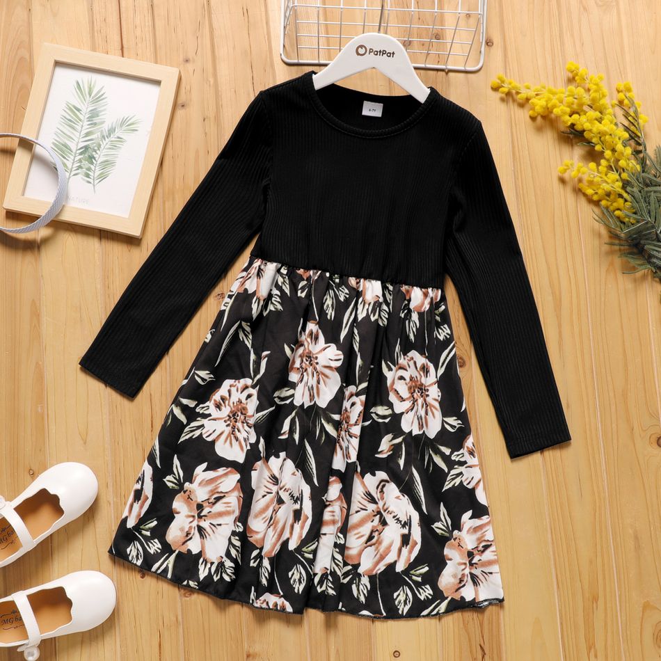 Kid Girl Ribbed Floral Print Splice Long-sleeve Dress Black