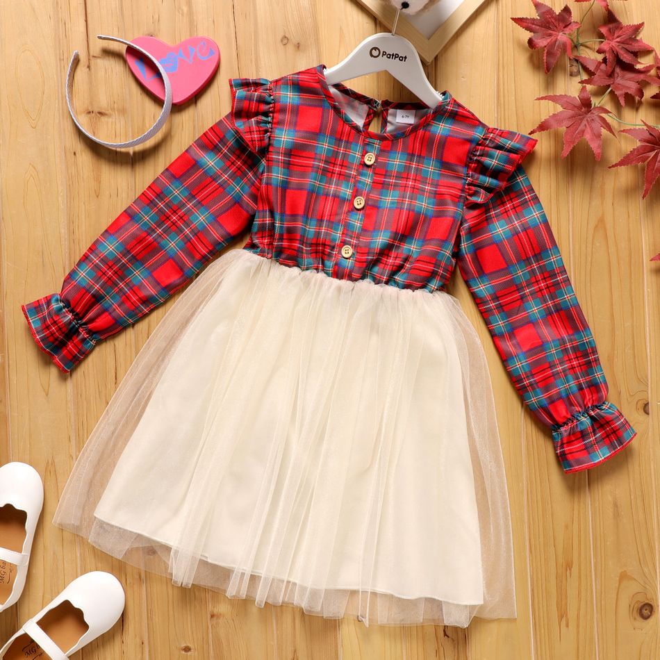Kid Girl Christmas Plaid Ruffled Mesh Splice Long-sleeve Dress Red