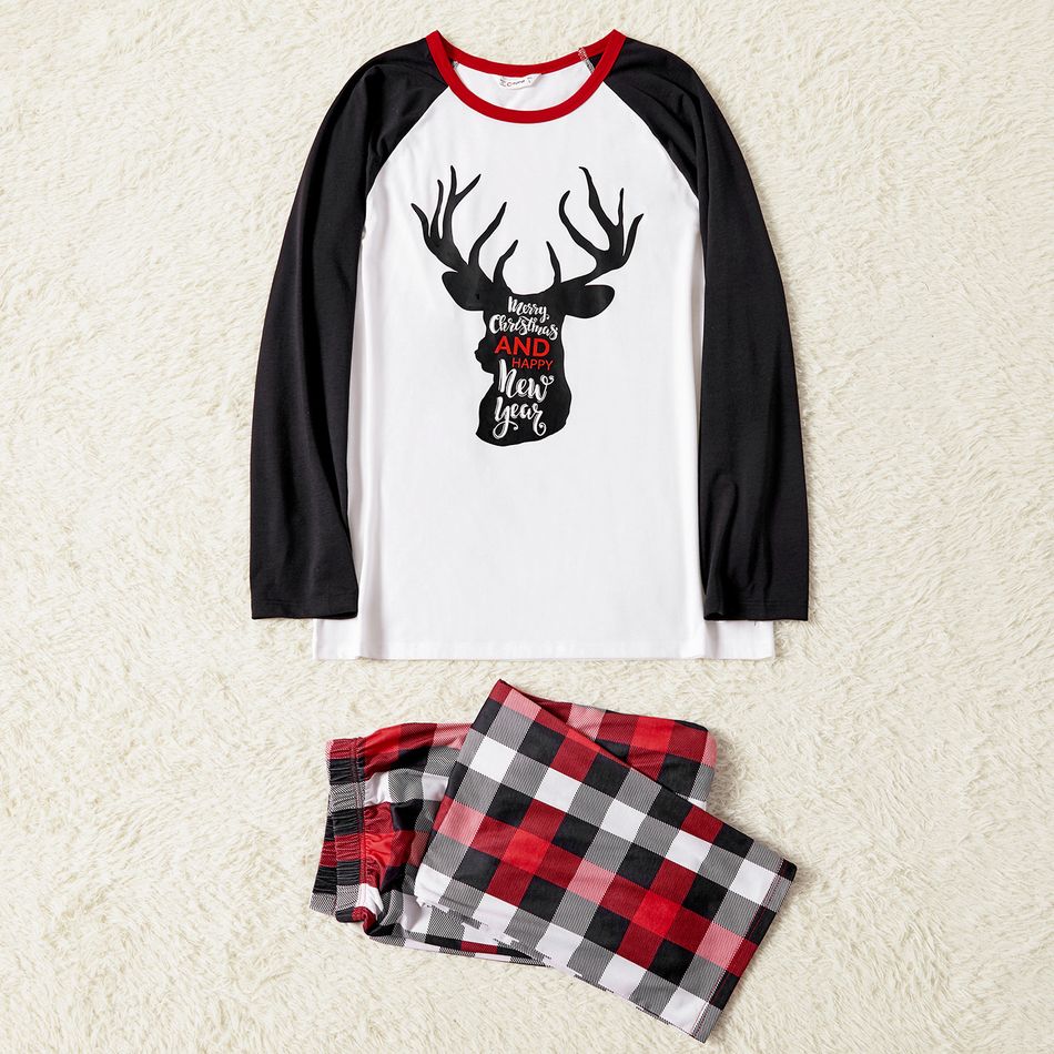 Christmas Reindeer and Letter Print Family Matching Raglan Long-sleeve Plaid Pajamas Sets (Flame Resistant) Black/White/Red big image 2