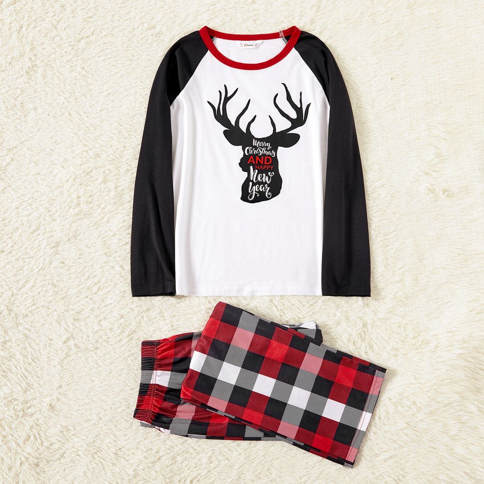 Christmas Reindeer and Letter Print Family Matching Raglan Long-sleeve Plaid Pajamas Sets (Flame Resistant) Black/White/Red big image 4