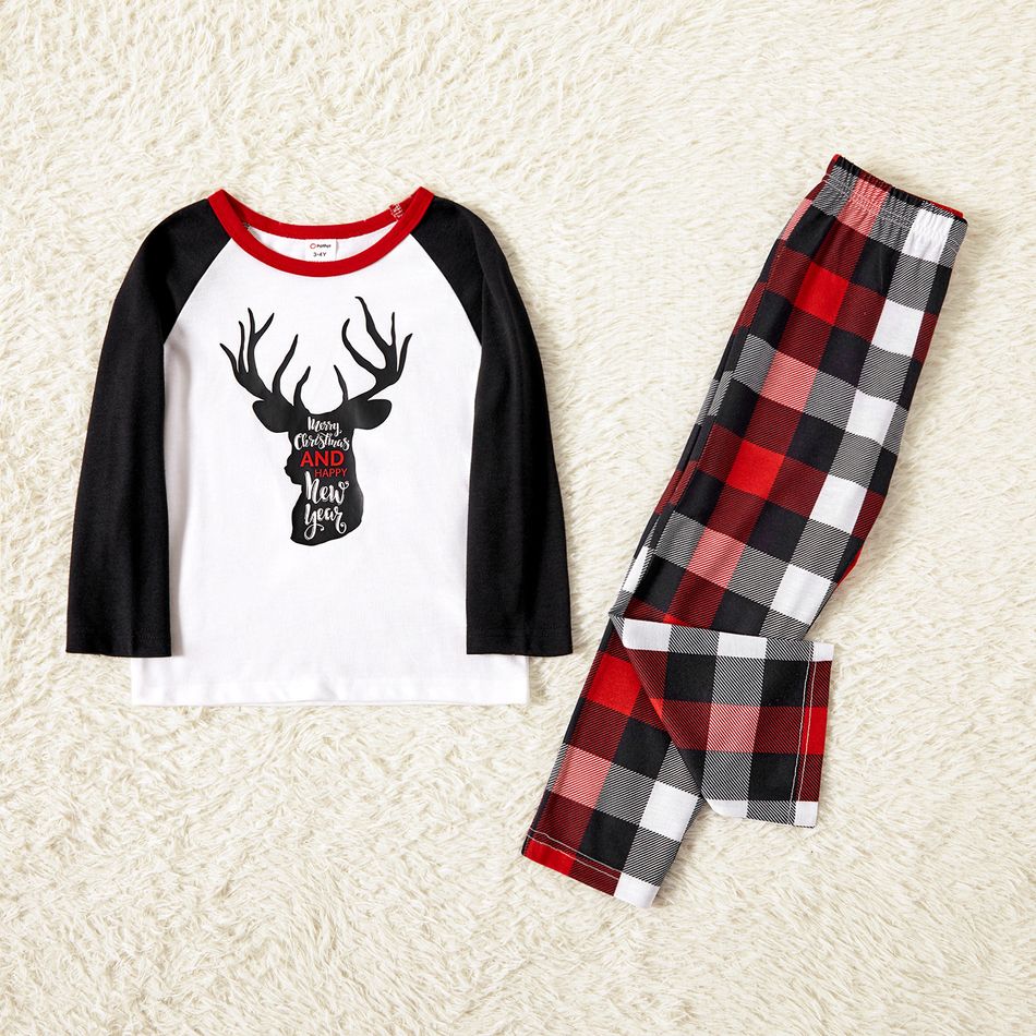 Christmas Reindeer and Letter Print Family Matching Raglan Long-sleeve Plaid Pajamas Sets (Flame Resistant) Black/White/Red big image 7