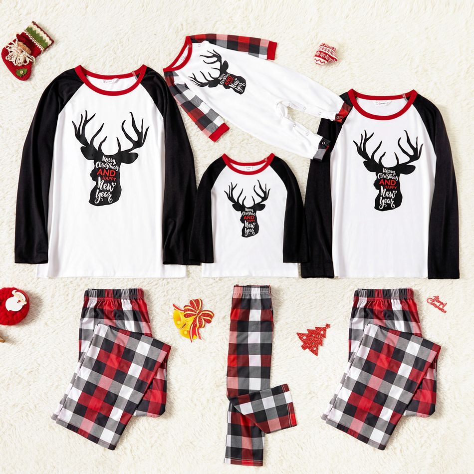 Christmas Reindeer and Letter Print Family Matching Raglan Long-sleeve Plaid Pajamas Sets (Flame Resistant) Black/White/Red