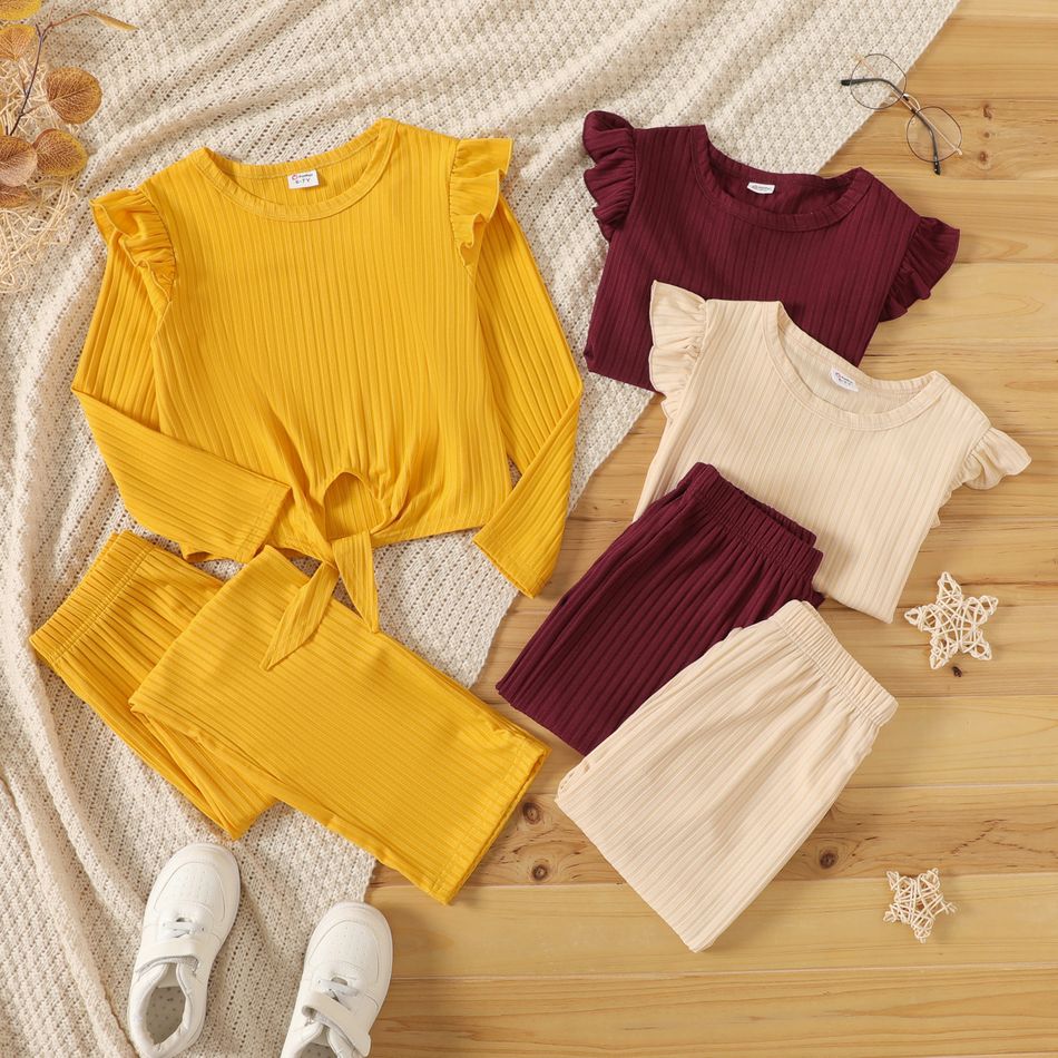 2-piece Kid Girl Ruffled Tie Knot Long-sleeve Ribbed Top and Solid Color Pants Set Red