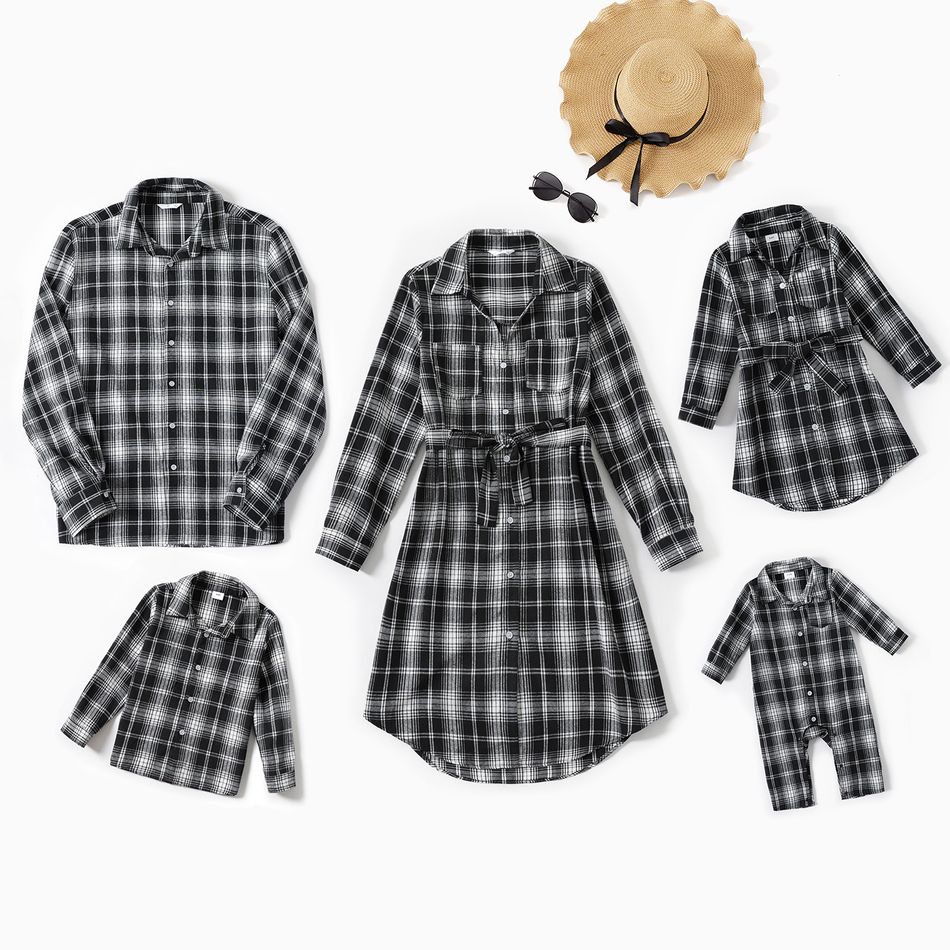 Family Matching Gingham Long-sleeve Dresses and Shirts Sets Black/White