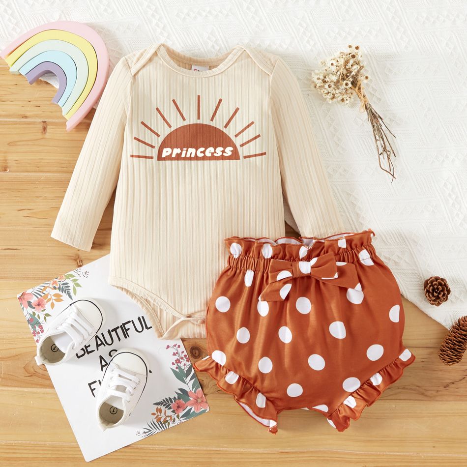 2pcs Baby Girl Letter Print Ribbed Long-sleeve Romper and Polka Dots Ruffle Shorts Set Color block