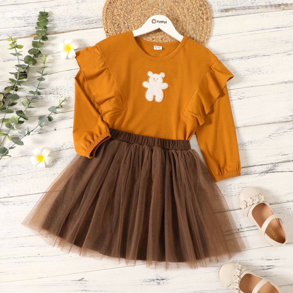 2-piece Kid Girl Ruffled Bear Embroidered Long-sleeve Top and Mesh Skirt Set Coffee