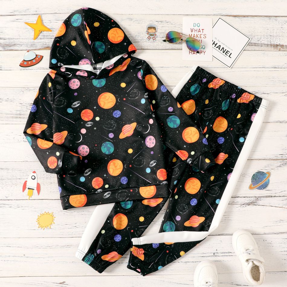 2-piece Kid Boy Space Planet Print Hoodie Sweatshirt and Elasticized Pants Set Black