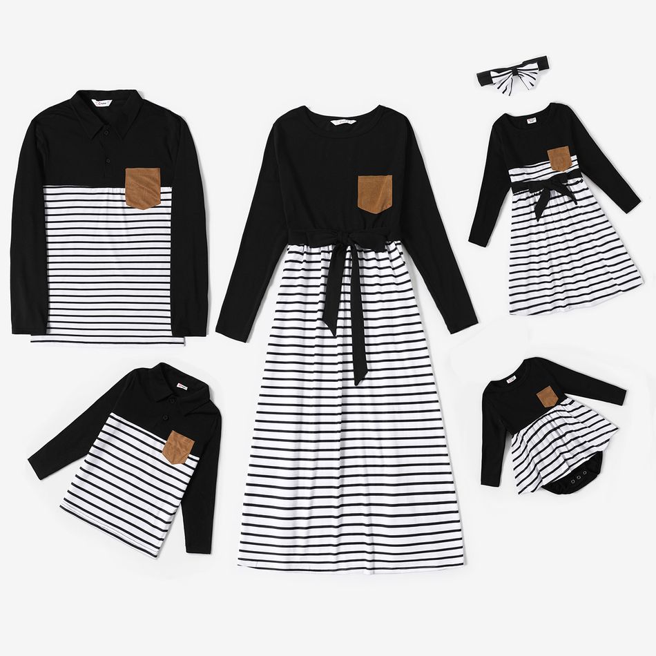 Family Matching Striped Long-sleeve Splicing Belted Dresses and Shirts Sets Black/White