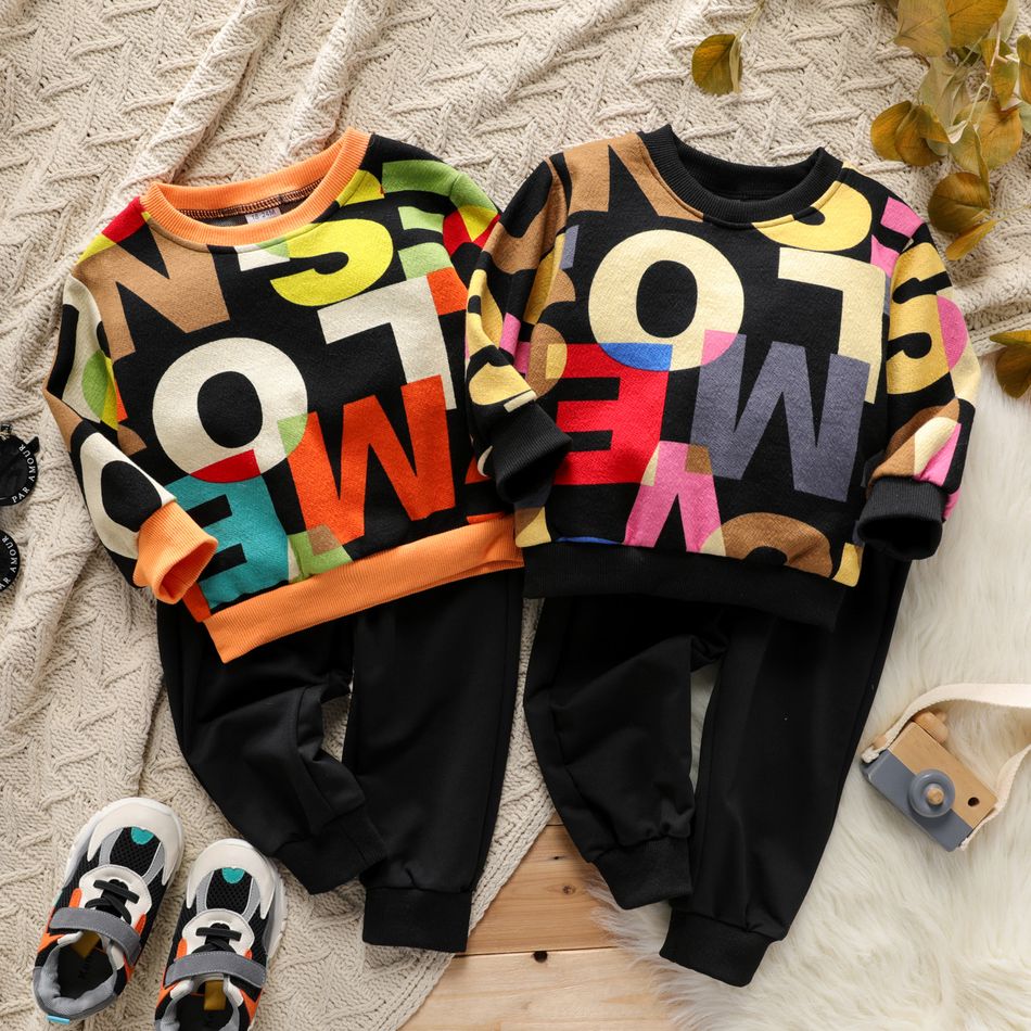 2-piece Toddler Girl/Boy Letter Print Colorblock Pullover and Elasticized Pocket Black Pants Set Orange big image 2