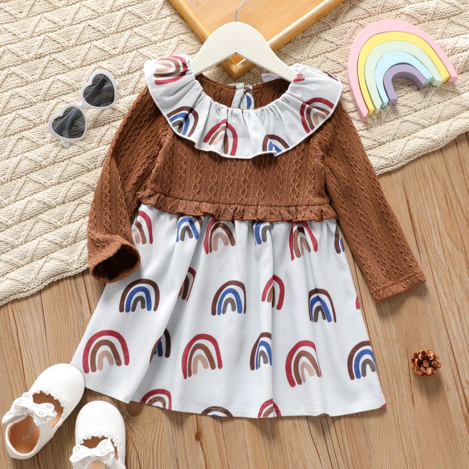 Toddler Girl Flounce Rainbow Print Ruffled Cable Knit Textured Long-sleeve Splice Dress Brown