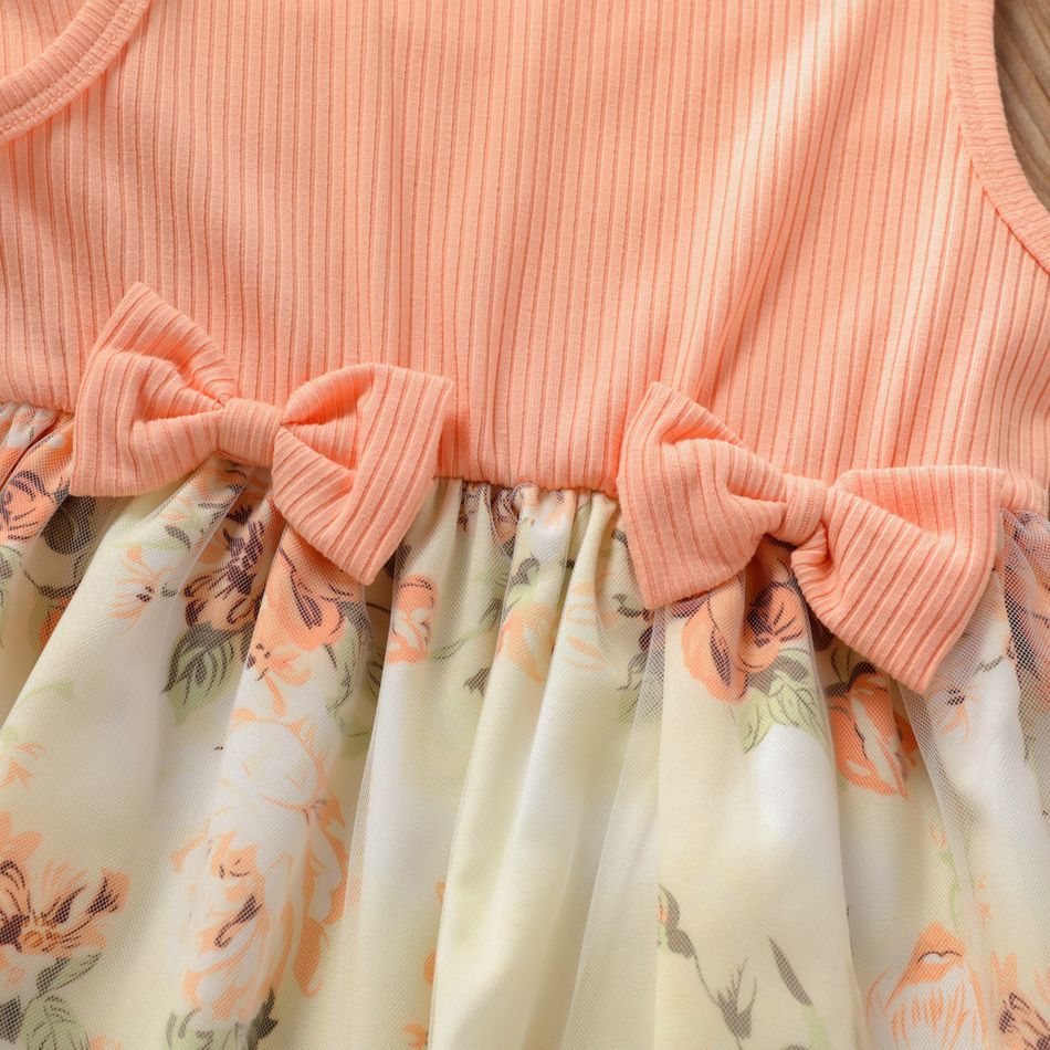2-piece Baby/Toddler Girl Bowknot Design Ribbed Floral Print Mesh Splice Sleeveless Dress and Ruffled Cardigan Set Multi-color big image 1