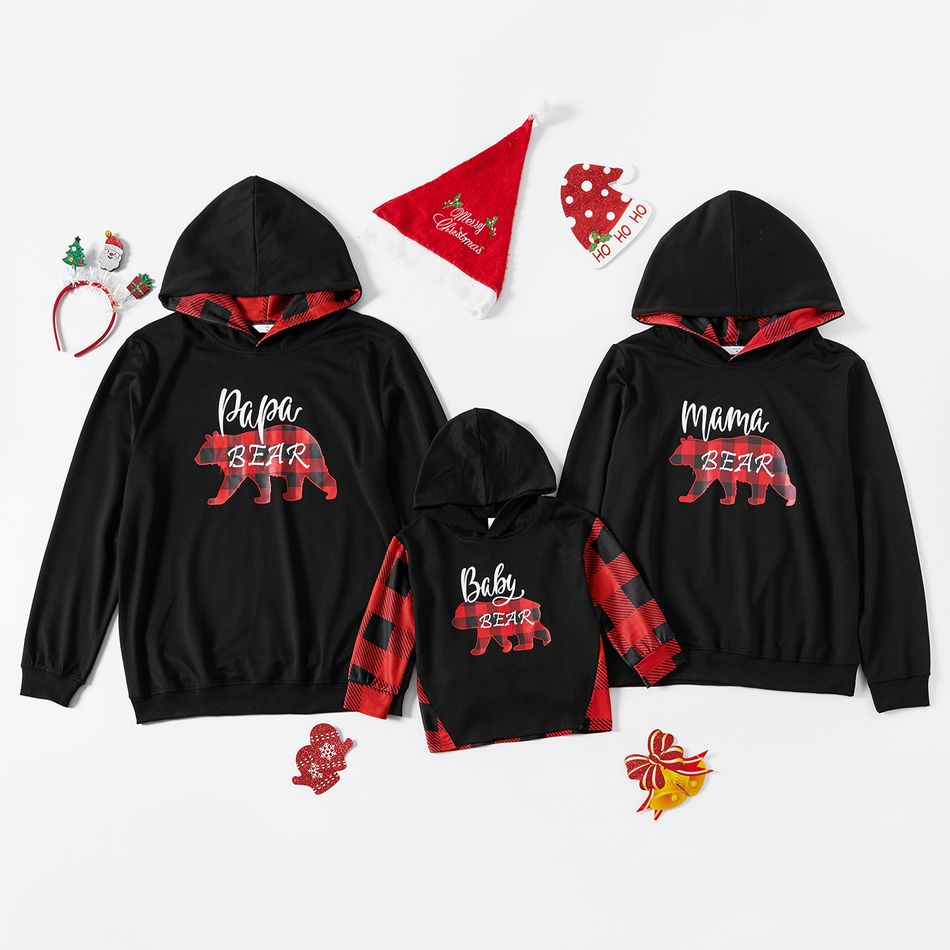 Christmas Plaid Polar Bear and Letter Print Black Family Matching Long-sleeve Hooded Sweatshirts Black