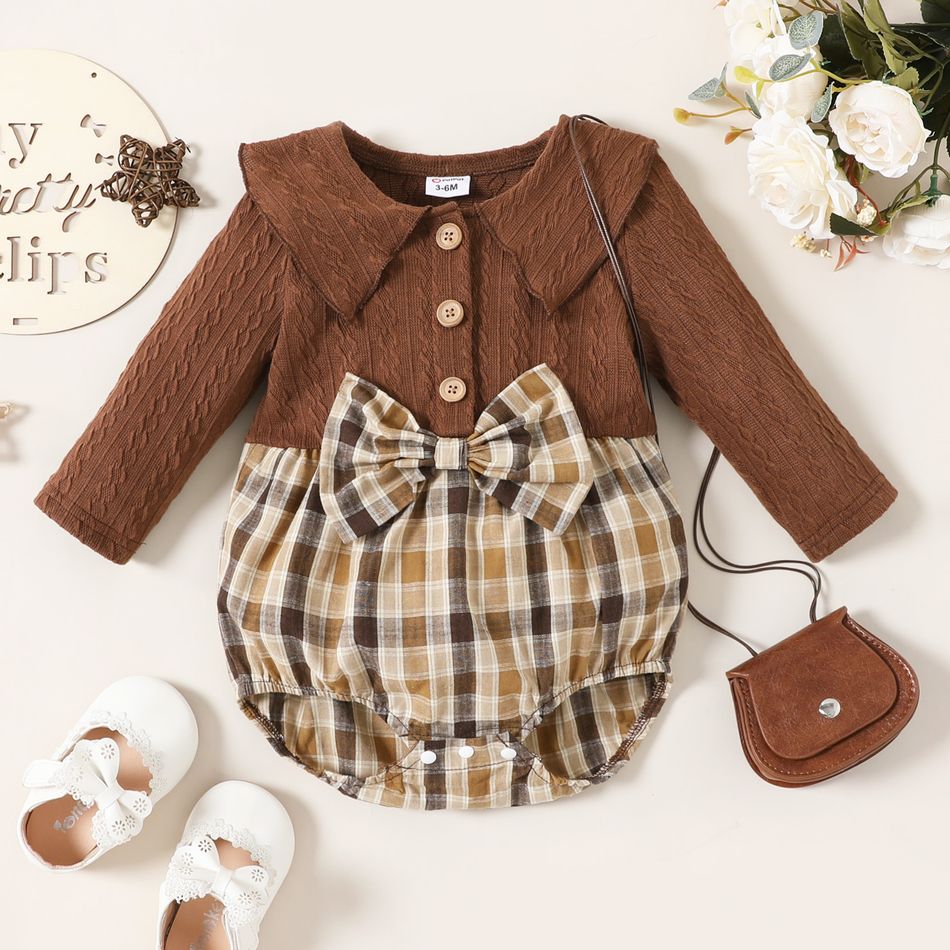 Baby Girl Brown Cable Knit Lapel Long-sleeve Splicing Plaid Bowknot Romper Brown