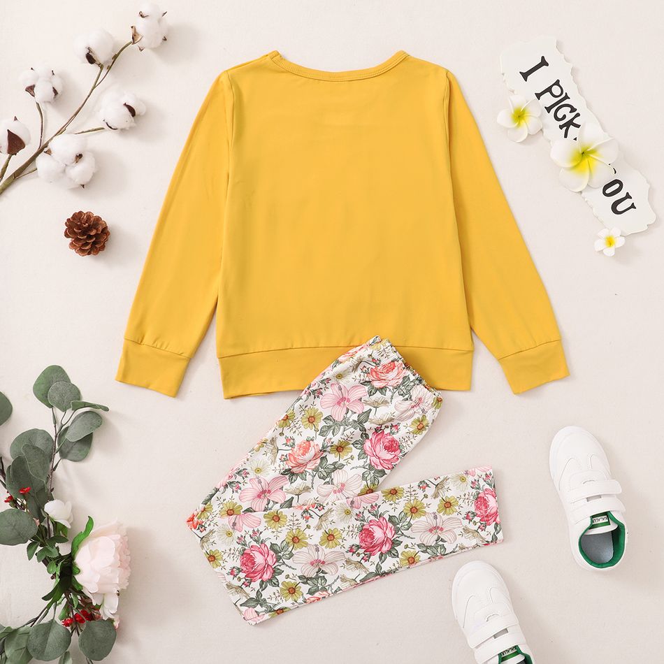 2-piece Kid Girl Floral Print Heart Pattern  Pullover Sweatshirt and Pants Set Yellow big image 2