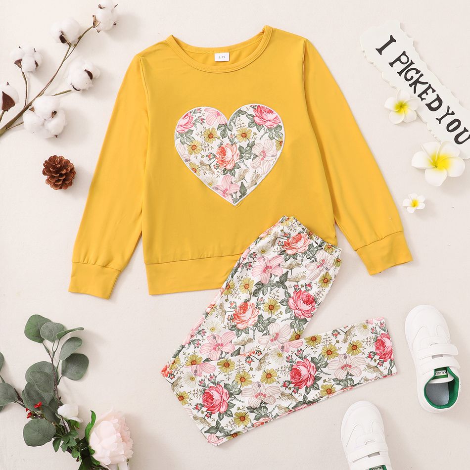 2-piece Kid Girl Floral Print Heart Pattern  Pullover Sweatshirt and Pants Set Yellow big image 7