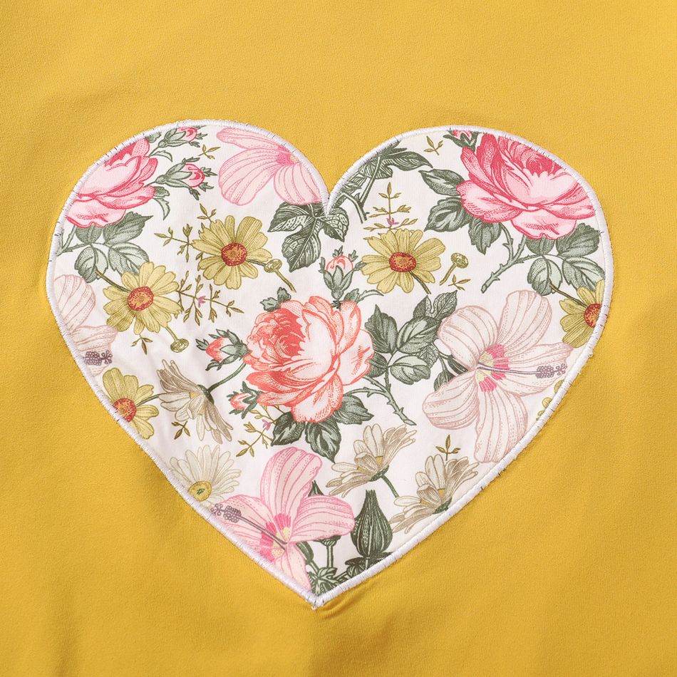 2-piece Kid Girl Floral Print Heart Pattern  Pullover Sweatshirt and Pants Set Yellow big image 3