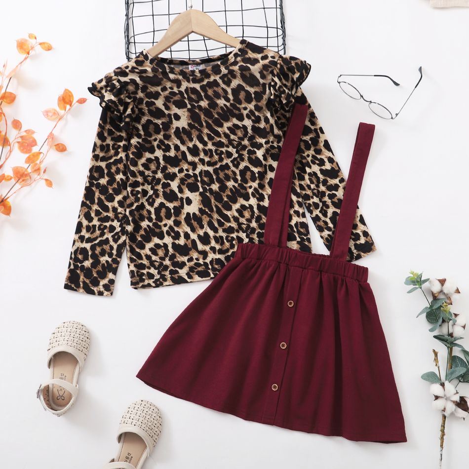 2-piece Kid Girl Leopard Print Ruffled Long-sleeve Top and Button Design Suspender Skirt Set DarkBrickRed big image 2