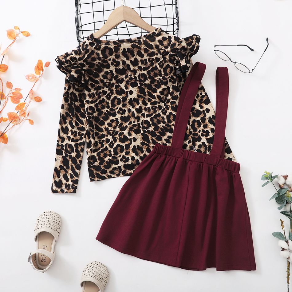 2-piece Kid Girl Leopard Print Ruffled Long-sleeve Top and Button Design Suspender Skirt Set DarkBrickRed big image 3