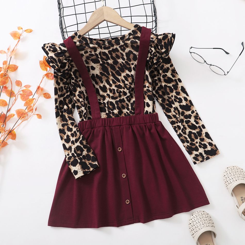 2-piece Kid Girl Leopard Print Ruffled Long-sleeve Top and Button Design Suspender Skirt Set DarkBrickRed big image 1