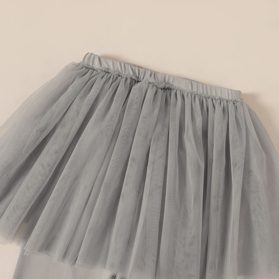 Kid Girl Bowknot Print Mesh Skirt Leggings Grey big image 2