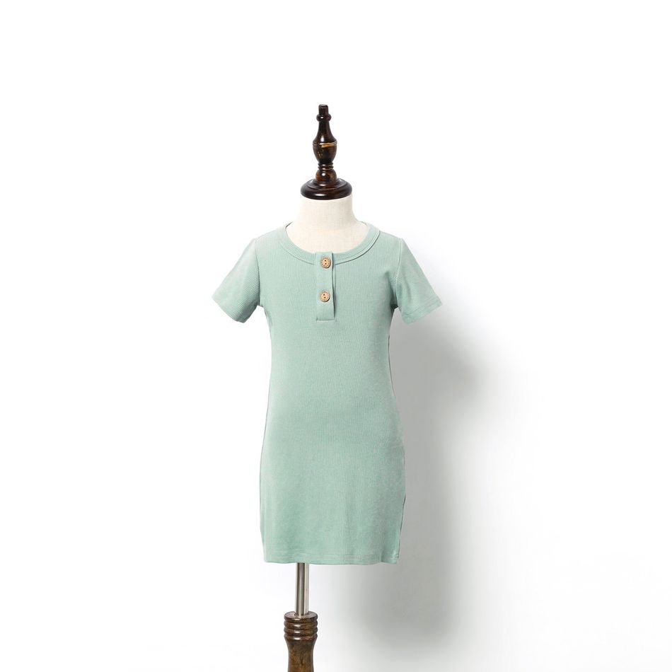Solid Green Ribbed Short-sleeve Mini Bodycon Ruched Dress for Mom and Me Mint Green big image 8