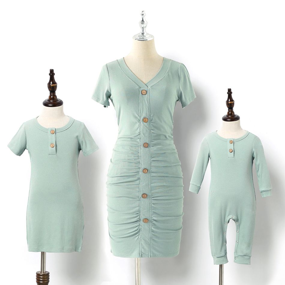 Solid Green Ribbed Short-sleeve Mini Bodycon Ruched Dress for Mom and Me Mint Green big image 1