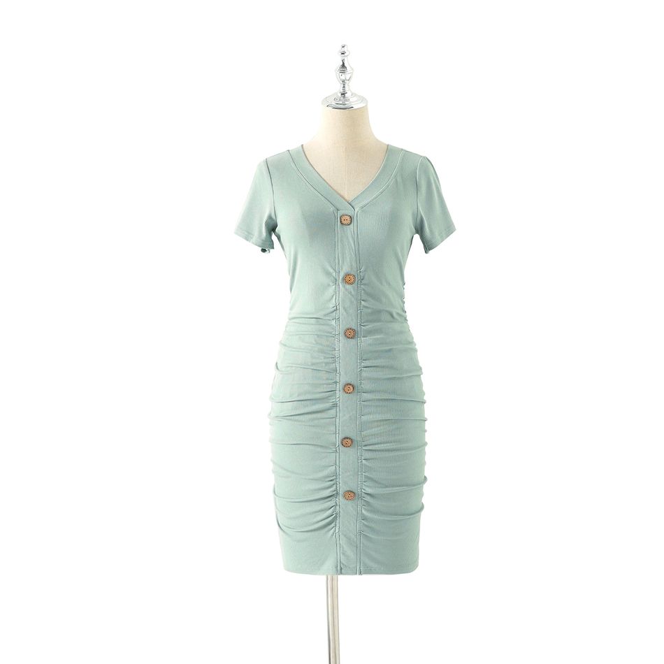 Solid Green Ribbed Short-sleeve Mini Bodycon Ruched Dress for Mom and Me Mint Green big image 2