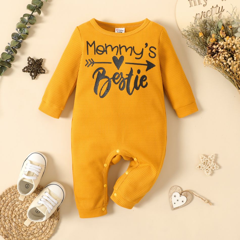 Baby Girl Letter Print Solid Waffle Long-sleeve Jumpsuit Yellow