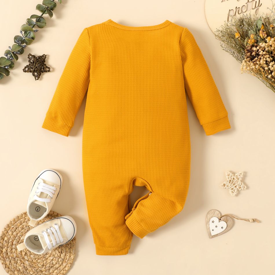 Baby Girl Letter Print Solid Waffle Long-sleeve Jumpsuit Yellow